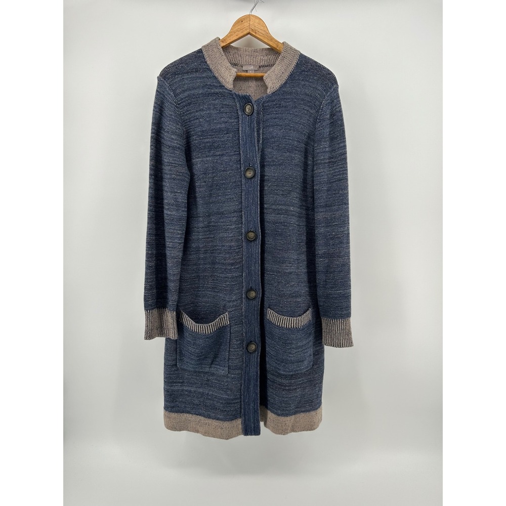 J. Jill Cardigan Women Medium Blue Tan Linen Cotton Longline Duster Sweater